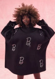 Women Hooded Long Sleeve Fleece Loose Casual Beaded Dress