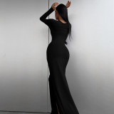 Women Solid Long Sleeve Bodycon Slit Dress