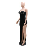 Fashion Sexy Strapless High Slit Solid Color Beaded Dress For Women