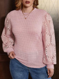Plus Size Women's Color Block Puff Sleeve Waffleknitting Top