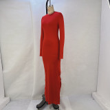 Women Solid Long Sleeve Bodycon Slit Dress
