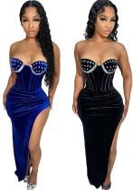 Fashion Sexy Strapless High Slit Solid Color Beaded Dress For Women Fashion Sexy Strapless High Slit Solid Color Beaded Dress For Women