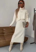 Solid Color Turtleneck Bodycon Two-Piece Autumn And Winter Knitting Skirt Set For Women