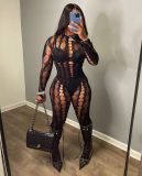 Fashionable Women's Sexy See-Through Mesh Jacquard Bodysuit Pants Two-Piece Set