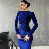 Women's Winter Fashion Solid Color Slim Pleated Round Neck Long Sleeve Dress