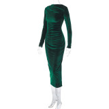 Women's Winter Fashion Solid Color Slim Pleated Round Neck Long Sleeve Dress