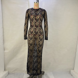 Women Solid lace See-Through Long Sleeve Maxi Dress