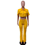 Spring And Summer Denim Short Sleeve Suit Solid Color Jacket Bell Bottom Stretch Pants Two Piece Set
