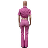 Spring And Summer Denim Short Sleeve Suit Solid Color Jacket Bell Bottom Stretch Pants Two Piece Set