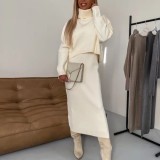 Solid Color Turtleneck Bodycon Two-Piece Autumn And Winter Knitting Skirt Set For Women