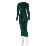 Women's Winter Fashion Solid Color Slim Pleated Round Neck Long Sleeve Dress