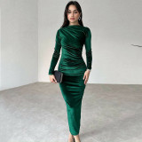 Women's Winter Fashion Solid Color Slim Pleated Round Neck Long Sleeve Dress