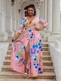 Women V-neck Half-Sleeve Slit Dress Bohemian Beach Maxi Dress