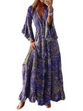 Women Boho Bell Bottom Sleeve Printed V Neck Holidays Maxi Dress