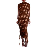 Women Solid Pleated Drawstring Zip Irregular Dress
