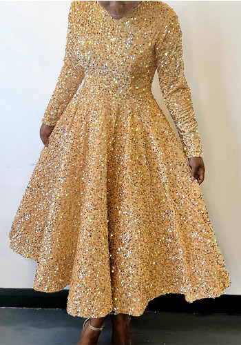 Women Round Neck Long Sleeve Solid Sequin Dress