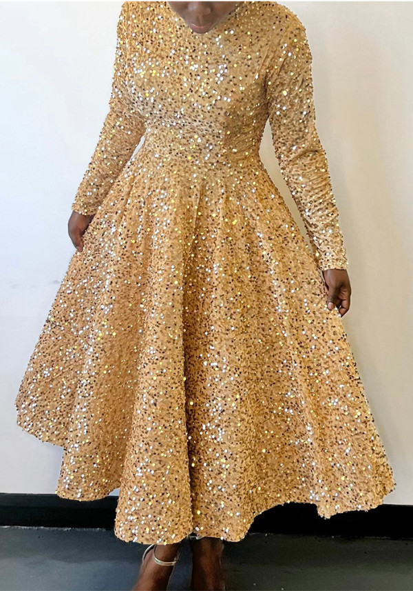 Women Round Neck Long Sleeve Solid Sequin Dress