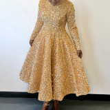 Women Round Neck Long Sleeve Solid Sequin Dress