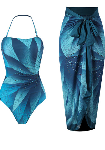 Women French Leaf Print Halter Neck One-piece Swimsuit and Skirt Two-piece Set