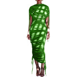 Women Solid Pleated Drawstring Zip Irregular Dress
