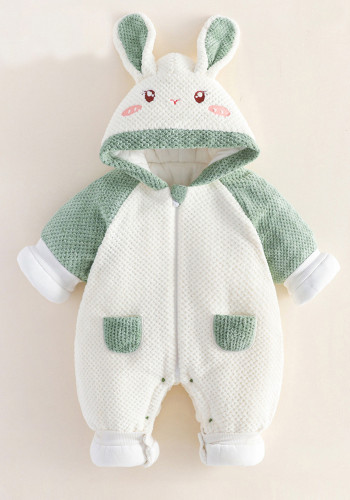 Baby Hooded Color Block Pocket Cartoon Long Sleeve Romper