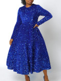 Women Round Neck Long Sleeve Solid Sequin Dress