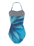 Women French Leaf Print Halter Neck One-piece Swimsuit and Skirt Two-piece Set