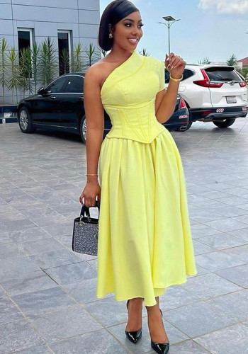 Women African Autumn and Winter Solid Slash Shoulder Short Sleeve Maxi Dress