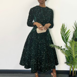 Women Round Neck Long Sleeve Solid Sequin Dress