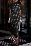 Women Solid Pleated Drawstring Zip Irregular Dress