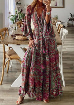 Women Boho Bell Bottom Sleeve Printed V Neck Holidays Maxi Dress Women Boho Bell Bottom Sleeve Printed V Neck Holidays Maxi Dress