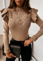 Women Long Sleeve Round Neck Lace Solid Top Women Long Sleeve Round Neck Lace Solid Top