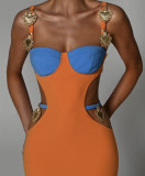Women Contrast Color Patchwork Suspender Sexy Cut Out Elastic Bandage Dress