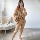 Women V-Neck Solid Button Sweater Two-Piece Set