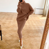 Women turtleneck Loose-Cut sweater and skirt two-piece set