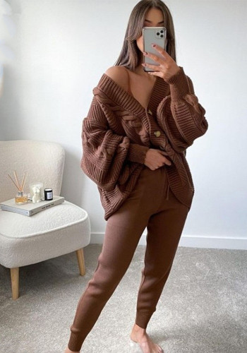 Women V-Neck Solid Button Sweater Two-Piece Set