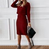 Women turtleneck knitting Solid sweater and Skirt two-piece set