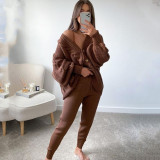 Women V-Neck Solid Button Sweater Two-Piece Set
