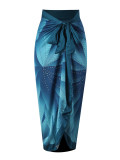 Women French Leaf Print Halter Neck One-piece Swimsuit and Skirt Two-piece Set