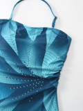 Women French Leaf Print Halter Neck One-piece Swimsuit and Skirt Two-piece Set