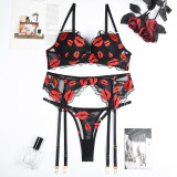 Women Valentine's Day Red Lip Embroidery Sexy Lingerie Three-Piece