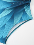 Women French Leaf Print Halter Neck One-piece Swimsuit and Skirt Two-piece Set