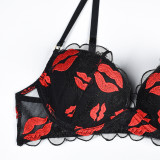 Women Valentine's Day Red Lip Embroidery Sexy Lingerie Three-Piece