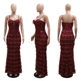 Women Sequin Party Suspenders Bodycon Maxi Dress