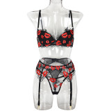 Women Valentine's Day Red Lip Embroidery Sexy Lingerie Three-Piece