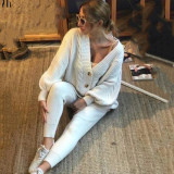 Women V-Neck Solid Button Sweater Two-Piece Set