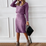 Women turtleneck knitting Solid sweater and Skirt two-piece set