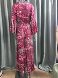 Women Boho Bell Bottom Sleeve Printed V Neck Holidays Maxi Dress