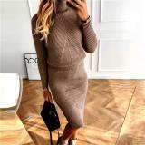 Women turtleneck knitting Solid sweater and Skirt two-piece set