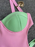 Women Contrast Color Patchwork Suspender Sexy Cut Out Elastic Bandage Dress